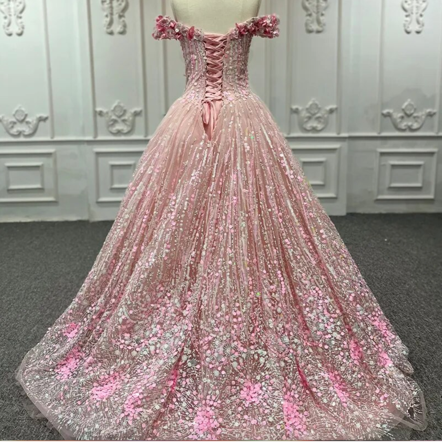 Quinceanera Dress Pink Sequined A Line Ball Gown, Transport yourself to a world of elegance and style with this pink sequined quinceañera dress