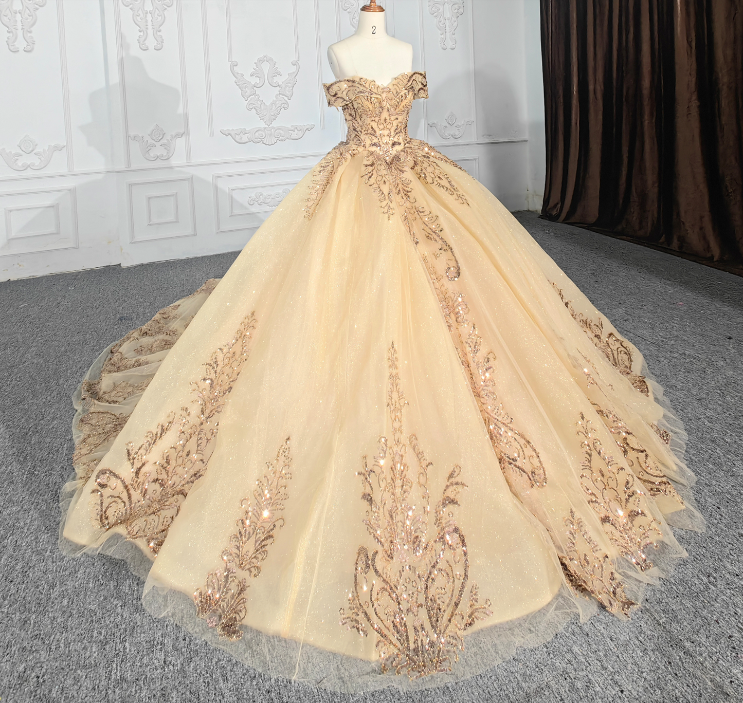 Quinceanera Dress Gold Sequined Lace Ball Gown With Train
