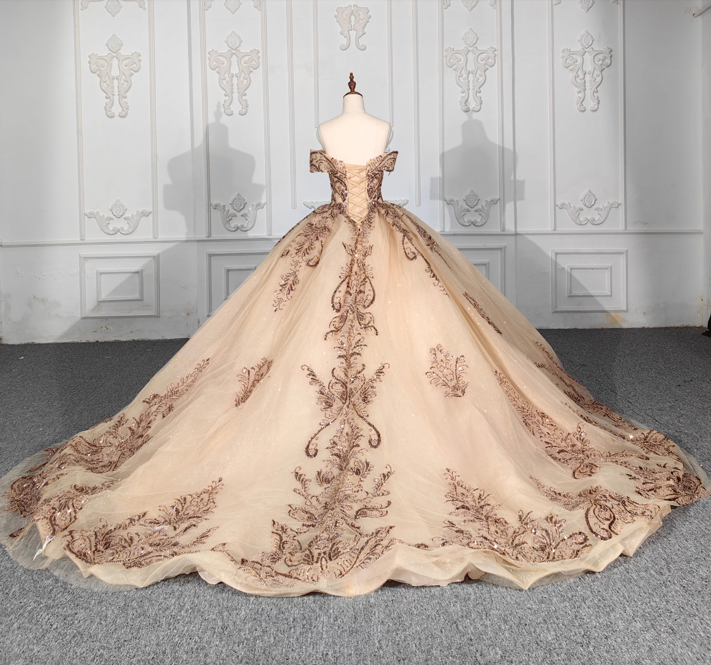 Quinceanera Dress Gold Sequined Lace Ball Gown With Train