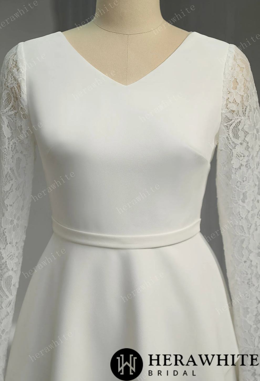 Mini Short Wedding Dress Crepe Lace Short Sleeves, The lace long sleeves, small V-neck, and elastic satin short skirt wedding dress is a beautiful 