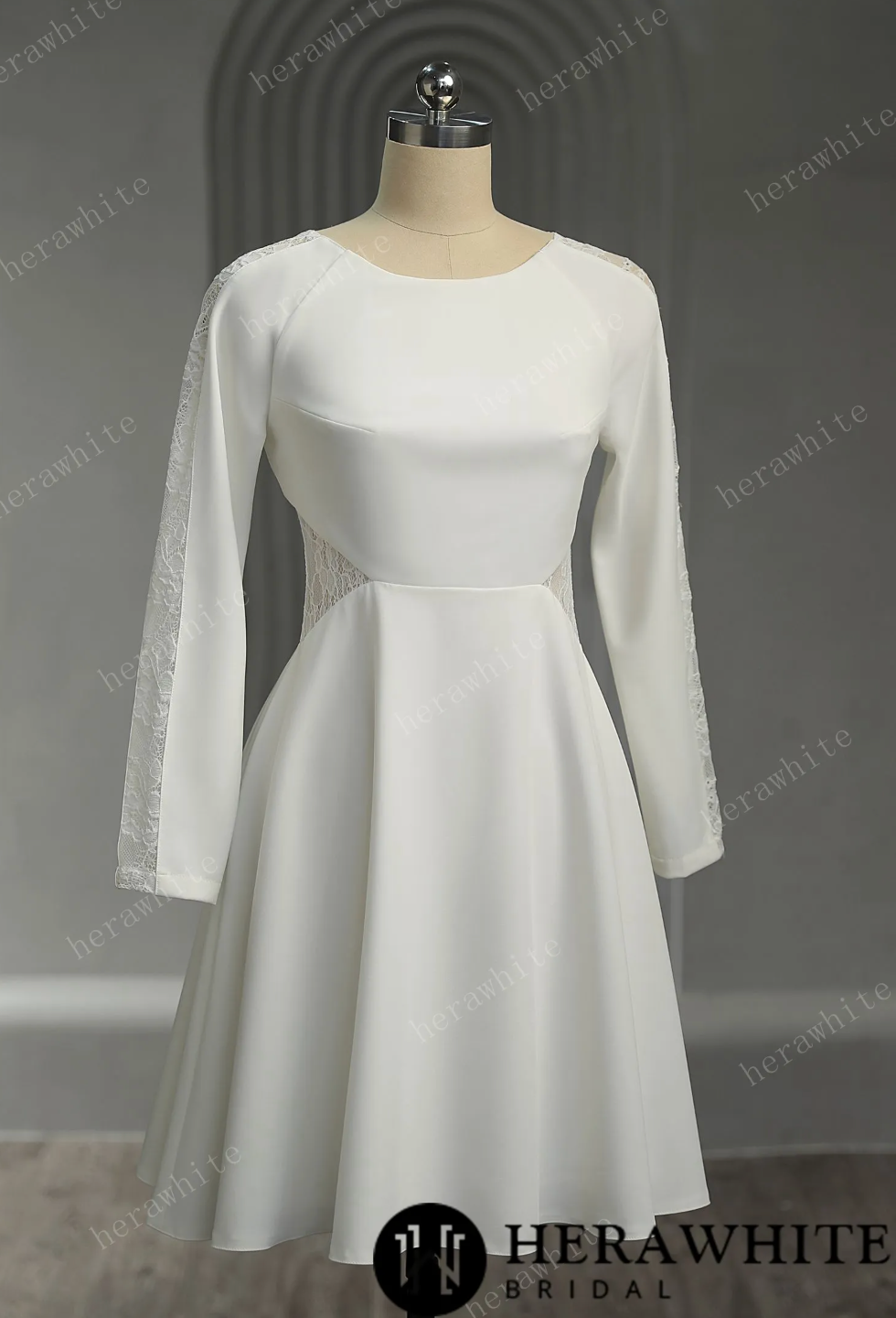 Mini Short Wedding Dress Illusion Lace Crepe Bridal Gown, This wedding dress is perfect for brides who want a blend of sophistication and femininity on their special day