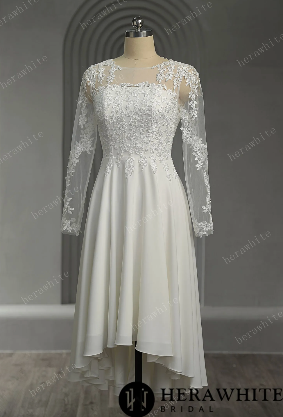 Mini Short Wedding Dress Illusion Lace Long Sleeves No Train,  A modern back zipper design with a long row of covered buttons and a flowing chiffon skirt,