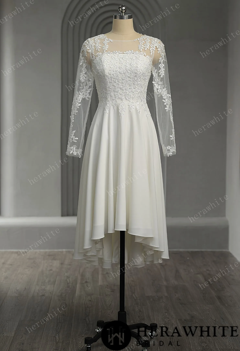 Mini Short Wedding Dress Illusion Lace Long Sleeves No Train,  A modern back zipper design with a long row of covered buttons and a flowing chiffon skirt,