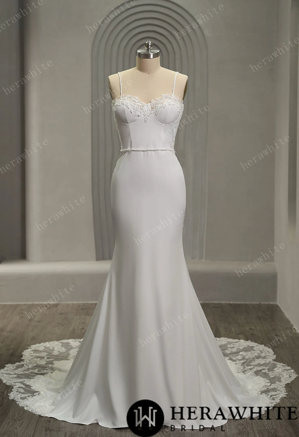 Crepe Lace Wedding Dress Sleeveless Trumpet Bridal Gown, Indulge in the exquisite design of this dress, adorned with fine lace detailing