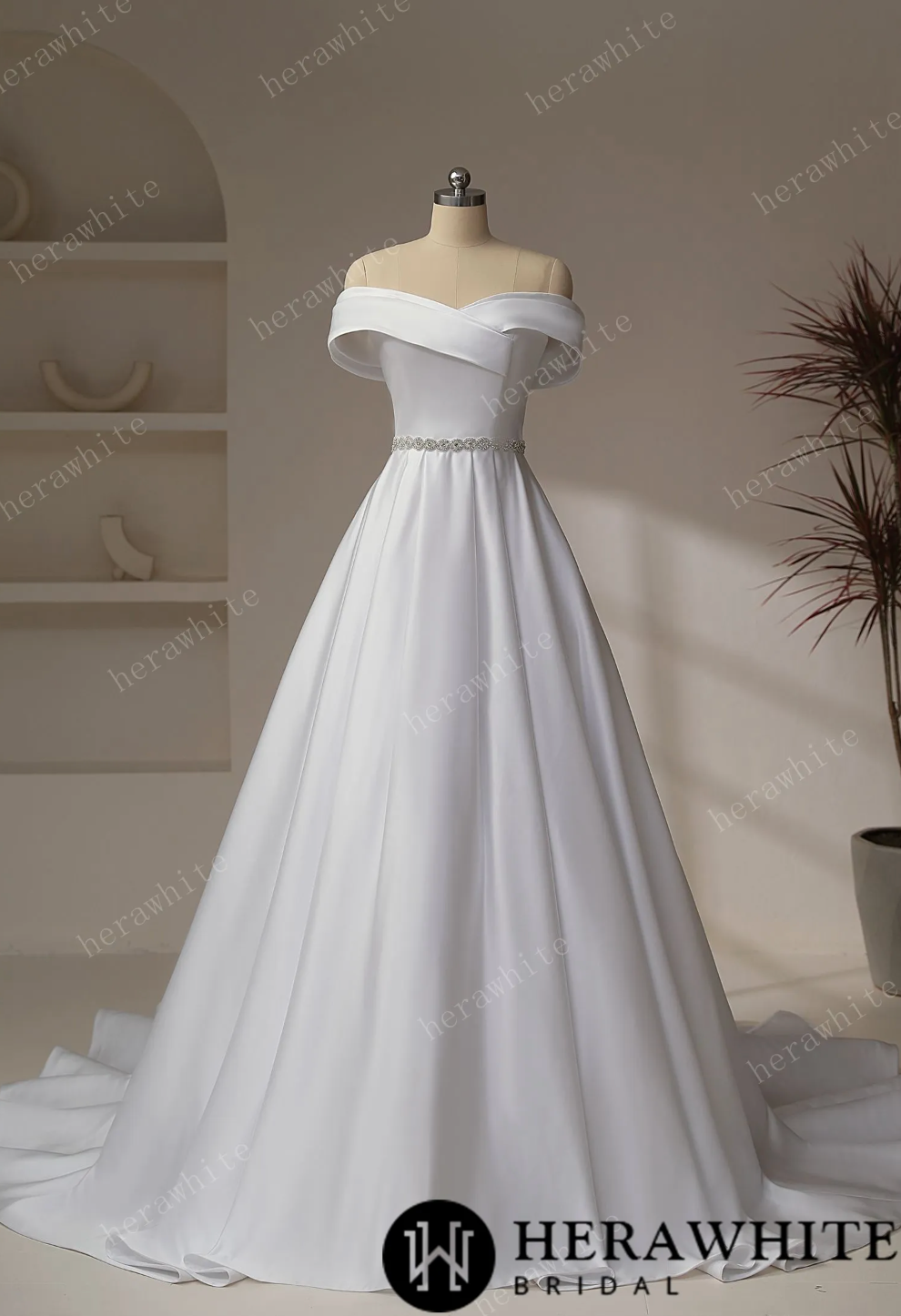 Satin A Line Wedding Dress Crystal Waistband Sleeveless Bridal Gown, Indulge in the alluring off-shoulder neckline of this A-line satin dress, complete with 