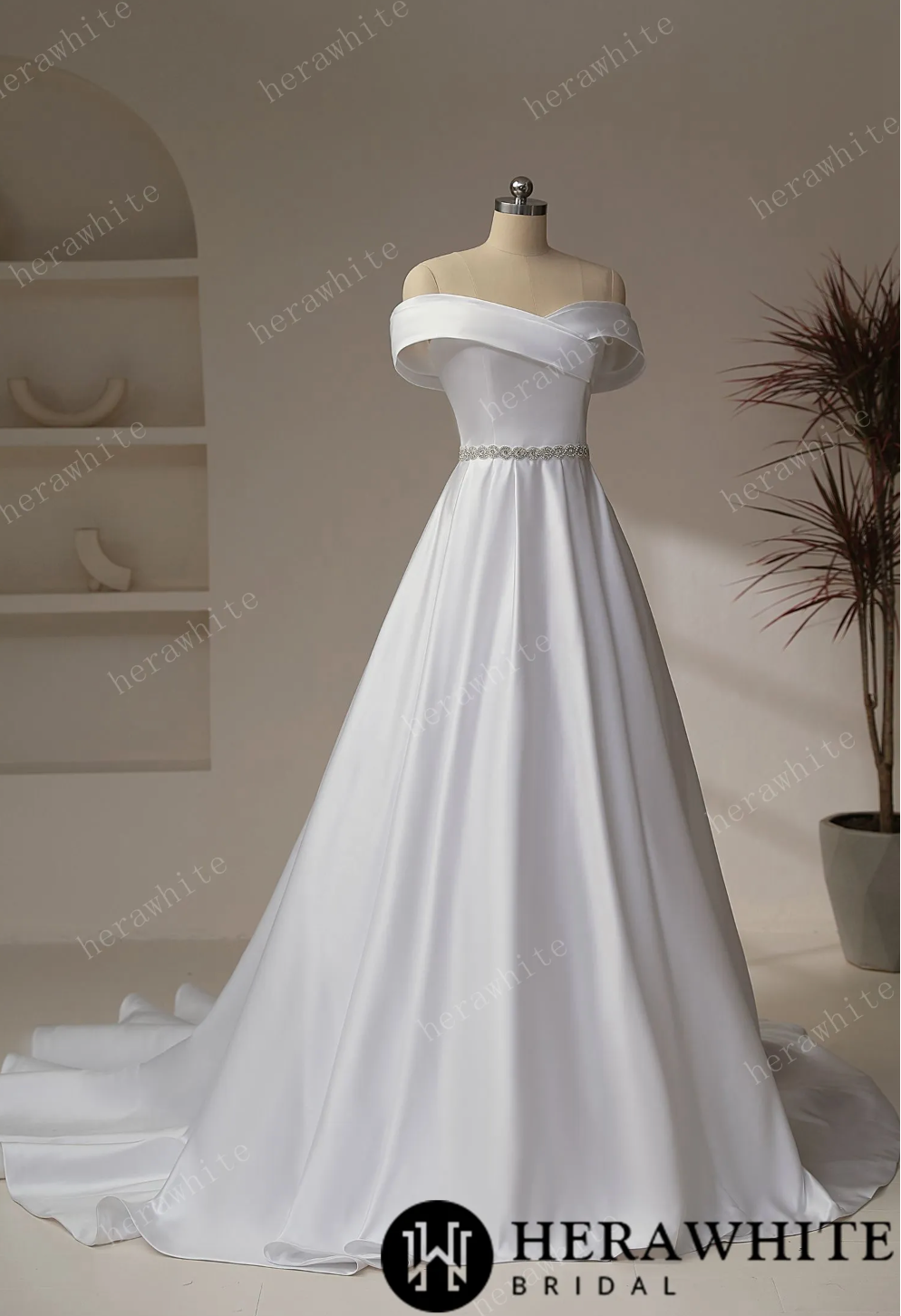 Satin A Line Wedding Dress Crystal Waistband Sleeveless Bridal Gown, Indulge in the alluring off-shoulder neckline of this A-line satin dress, complete with 