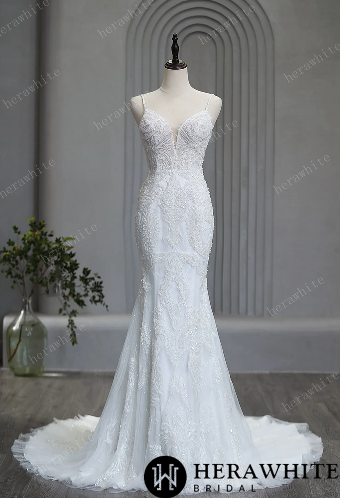 beaded crepe wedding dress Plunging Beaded Lace Overskirt Mermaid Modern Crepe Wedding Dress main image 0
