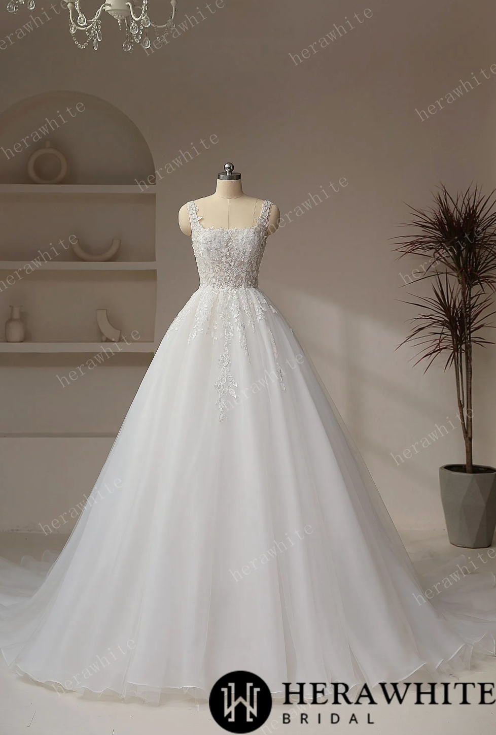 Lace A Line Wedding Dress Sleeveless Bridal Gown With Train, This beautiful wedding dress has a romantic square collar design with a zipper