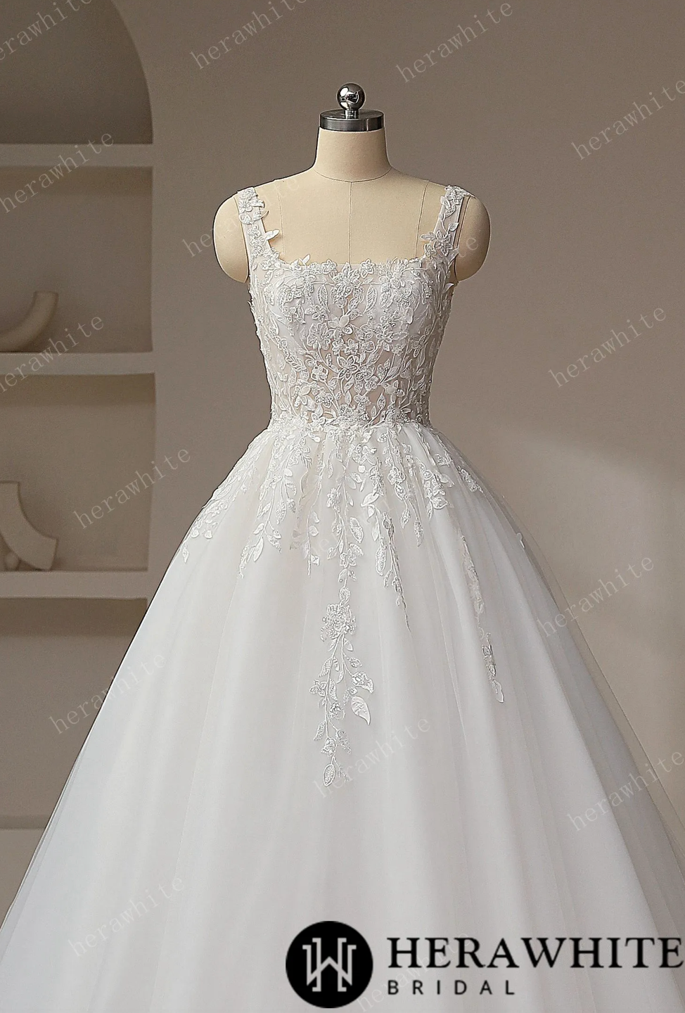 Lace A Line Wedding Dress Sleeveless Bridal Gown With Train, This beautiful wedding dress has a romantic square collar design with a zipper