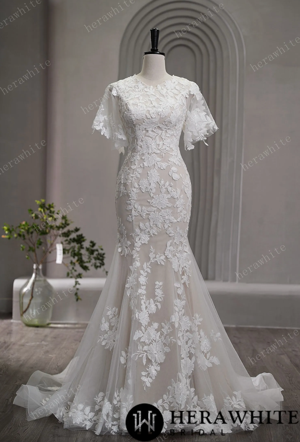 High Neck Lace A Line Wedding Dress 