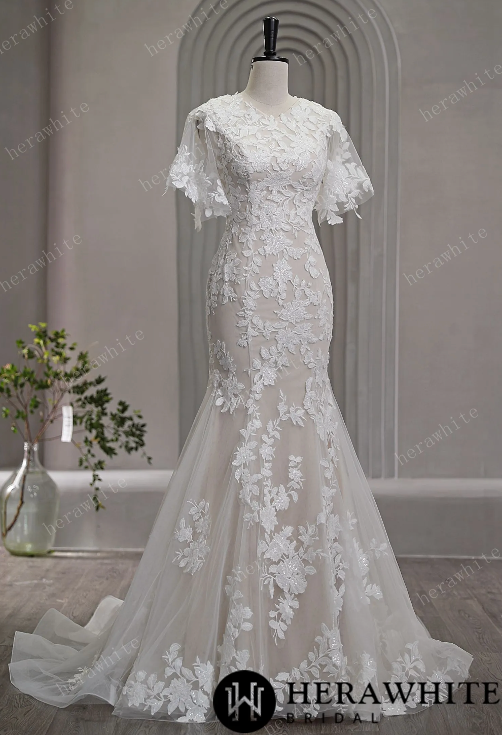 High Neck Lace A Line Wedding Dress 