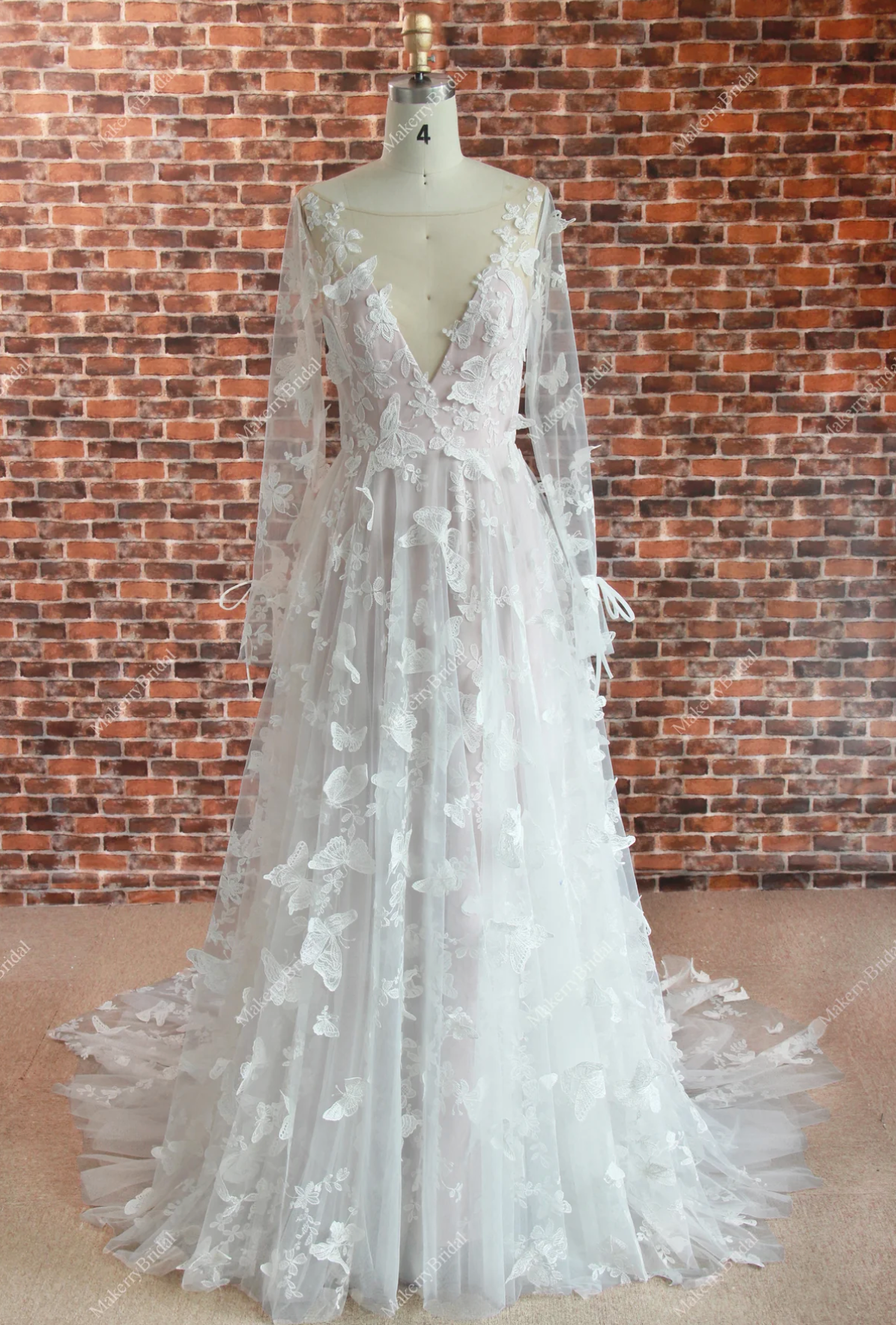 Wedding Dress Boho Lace Butterfly Pattern With Long Sleeves