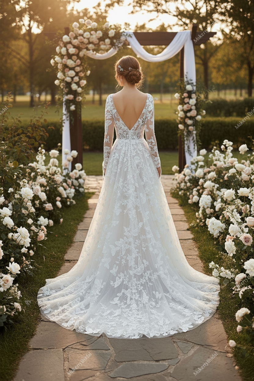 Wedding Dress Boho Lace Butterfly Pattern With Long Sleeves Ivory/Ivory / 8