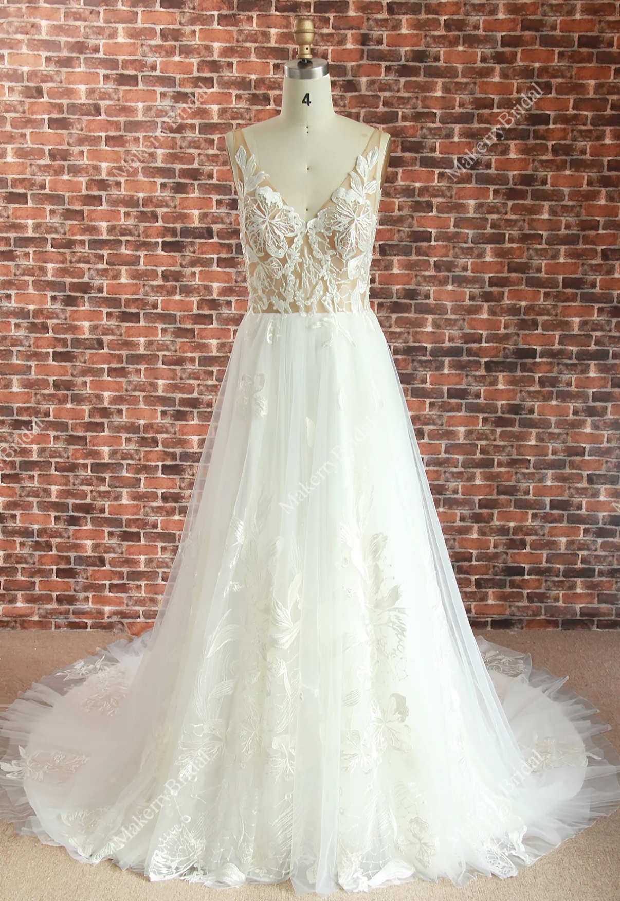 Wedding Dress Floral Lace A Line With Train Bridal Gown