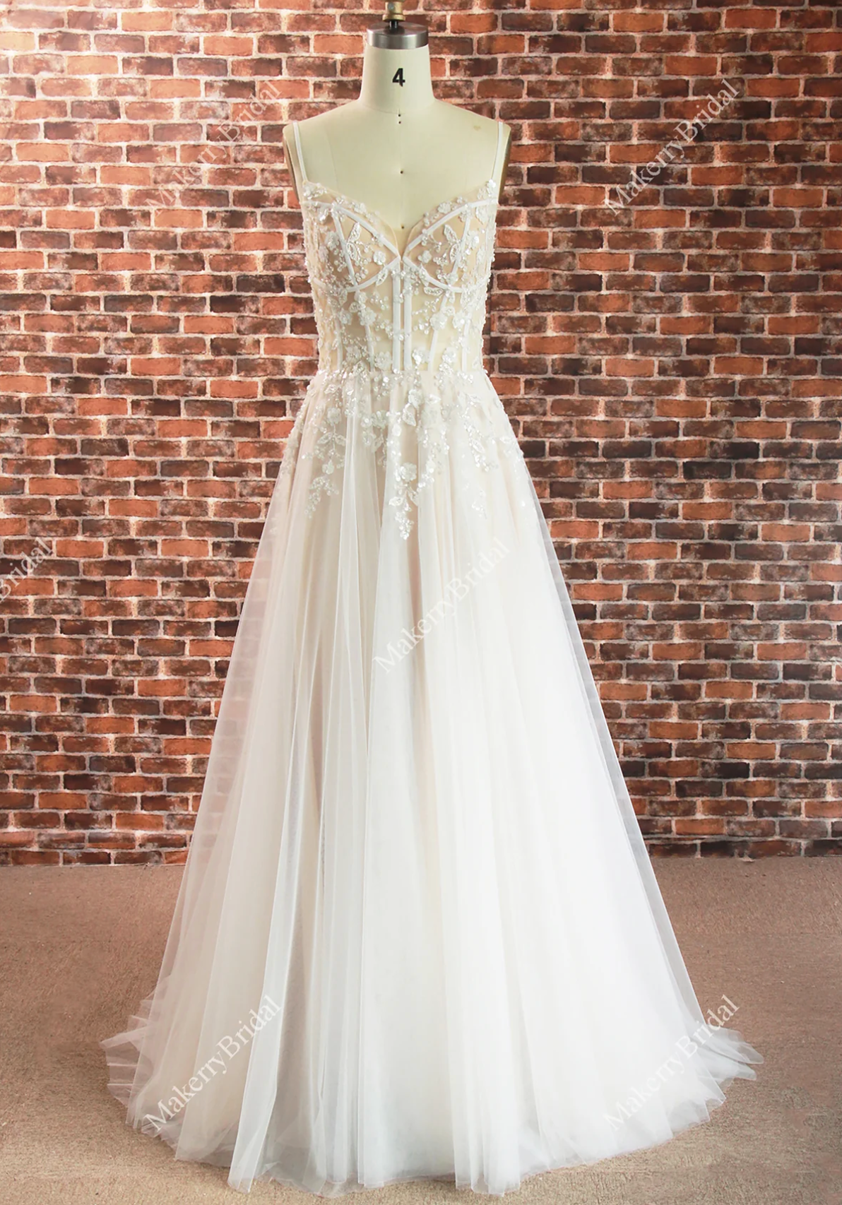 Wedding Dress Boho See Through Lace With 3D beaded Flowers