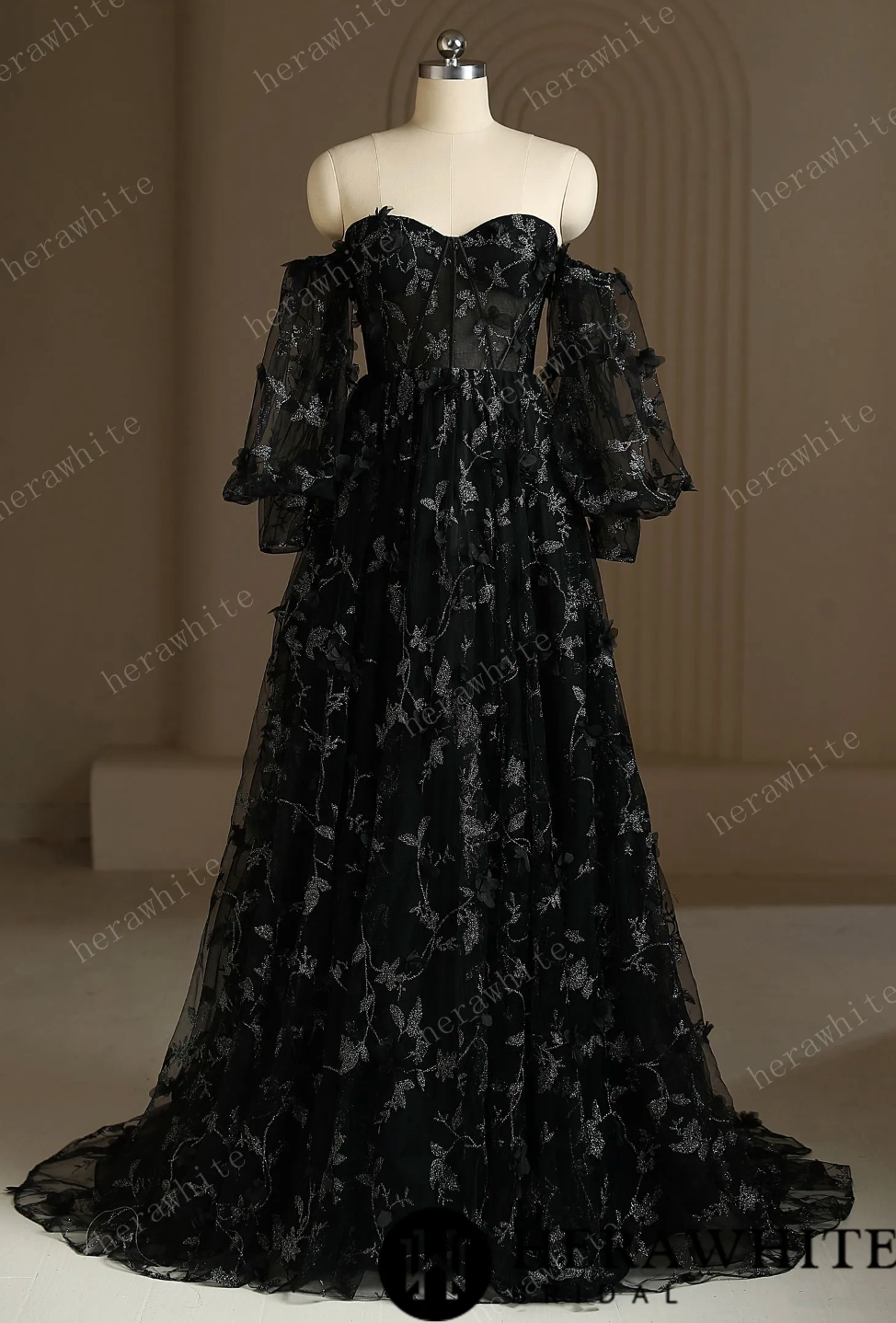 3D Lace Black Embroidery Wedding Dress