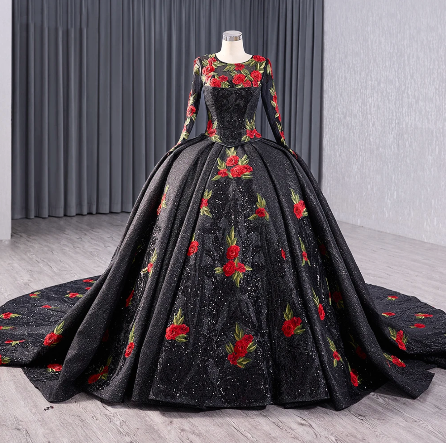 Quinceanera Dress Red Rose Black Ball Gown