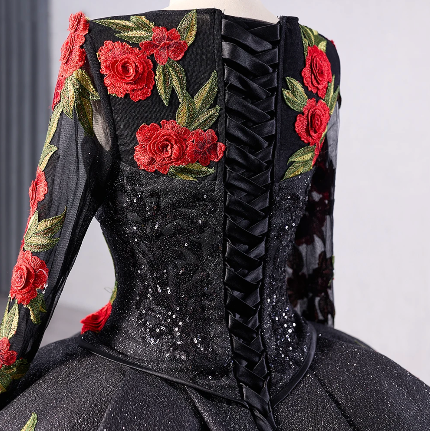 Quinceanera Dress Red Rose Black Ball Gown