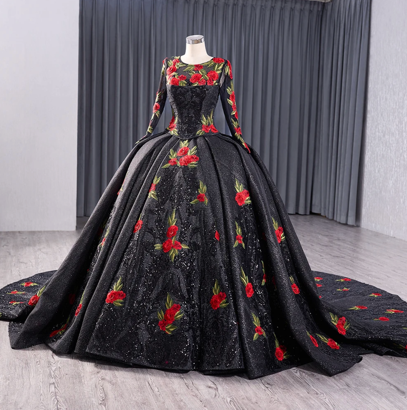 black dress with red roses Quinceanera Dress Red Rose Black Ball Gown Same As Photo / 6