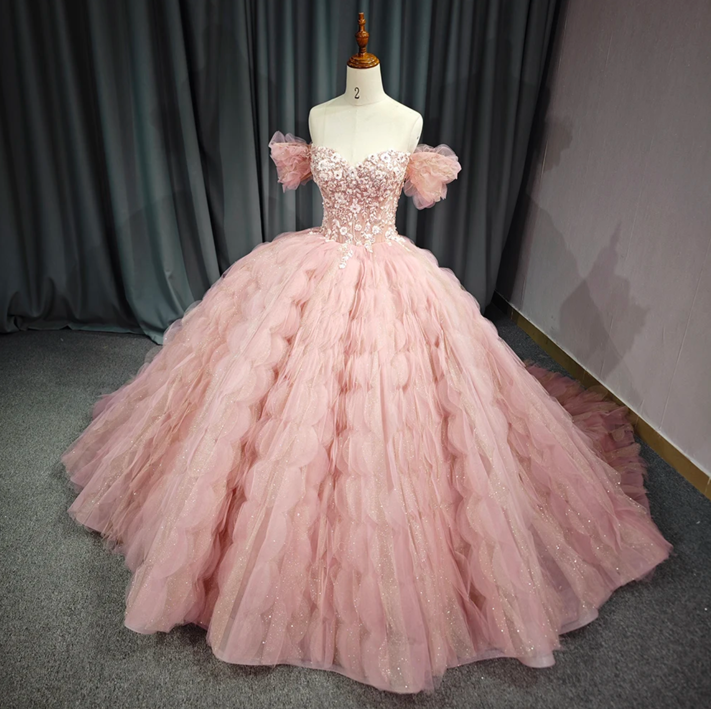 Quinceanera Dress Pink Tulle Lace Ball Gown, Waves of tulle adorn this exquisite party ball gown featuring a puff of tulle off the shoulder cuffs with fitted bodice 