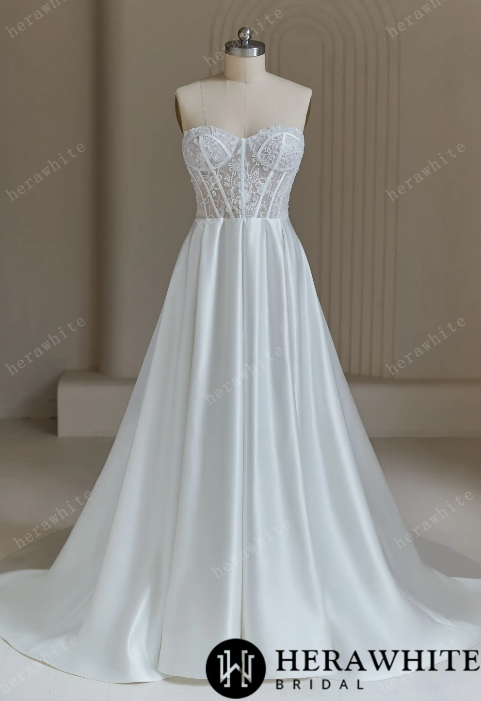 Satin Wedding Dress Lace A Line Bridal Gown Detachable Long Sleeves, this stunning wedding dress effortlessly blends classic elegance with modern style.