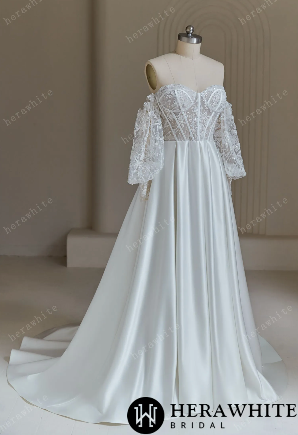 Satin Wedding Dress Lace A Line Bridal Gown Detachable Long Sleeves, this stunning wedding dress effortlessly blends classic elegance with modern style.