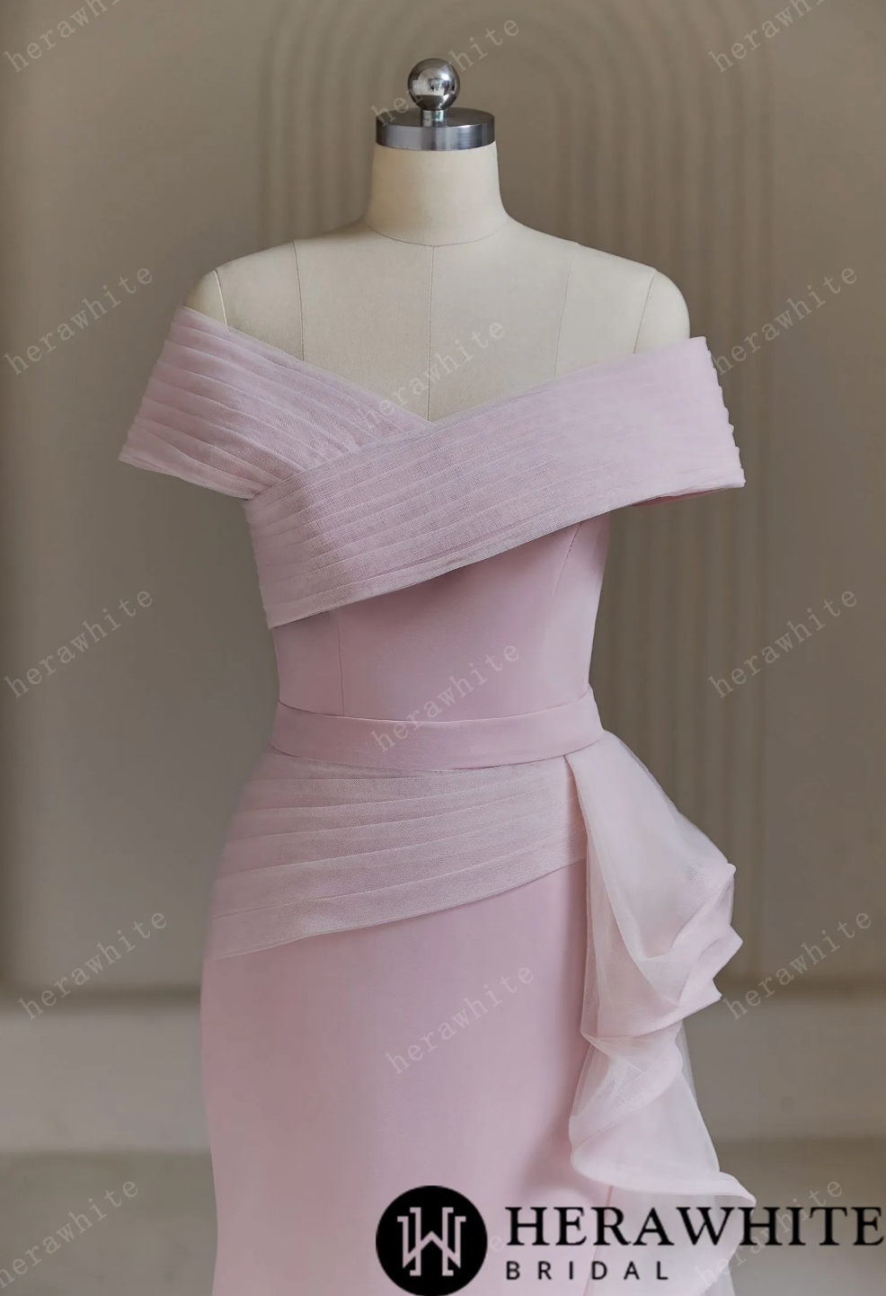 Crepe Off The Shoulder Sleeve Mermaid Wedding Dress , Vintage styling drape front wedding dress featuring a side ruffle for drama 