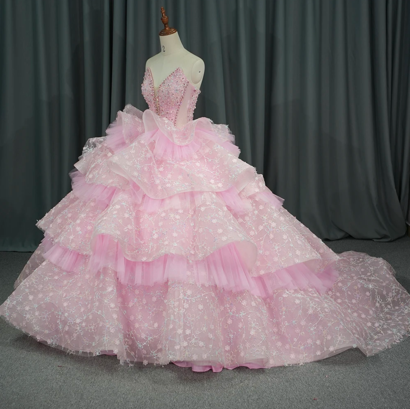 Quinceanera Dress Pink Ruffled Tulle Organza Sweet 16 Ball Gown, Transport yourself to a world of elegance and feminine style with this pink lace beaded 