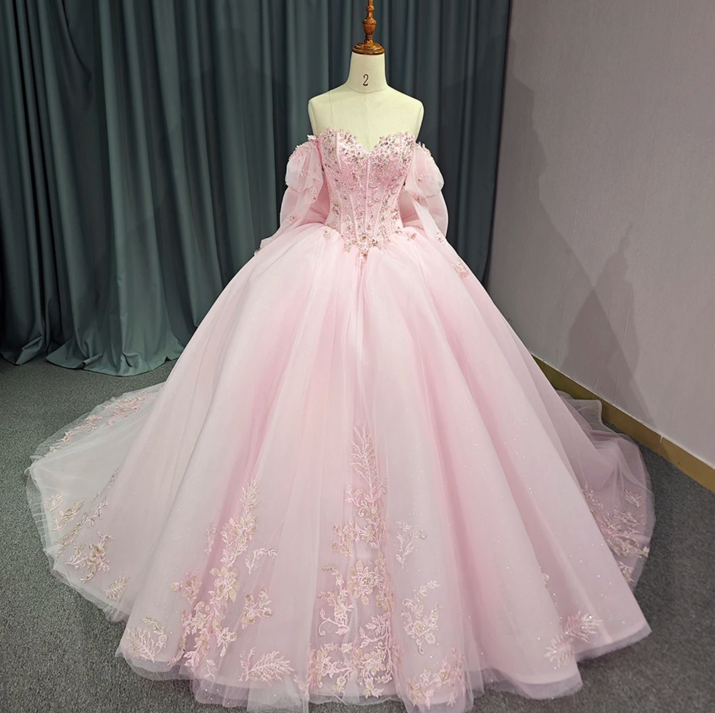 Quinceanera Dress Pink Beaded Sequined Lace Court Train Ball Gown, Flawlessly embody the essence of a dreamy debutante in our Pink Sweetheart Quinceanera Dress. The corset-style bodice