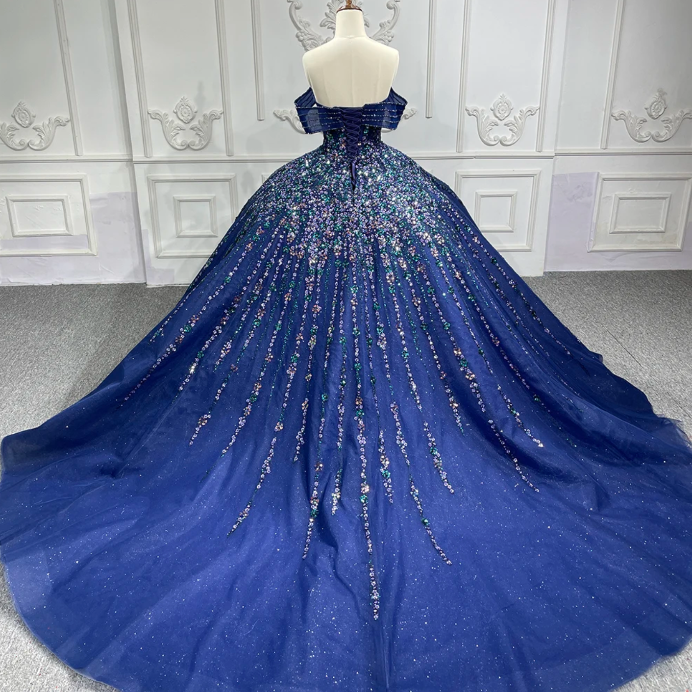 Quinceanera Dress Blue Organza Ball Gown With Train, Embody luxury and grace in this stunning blue ball gown Quinceanera dress. The heavily beaded bodice 
