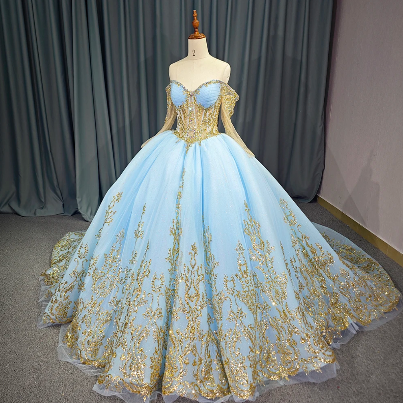Quinceanera Dress Blue Organza Glitter Tulle Ball Gown With Train, Make your entrance to the event like royalty in this luxurious ball gown fit for a princess. F