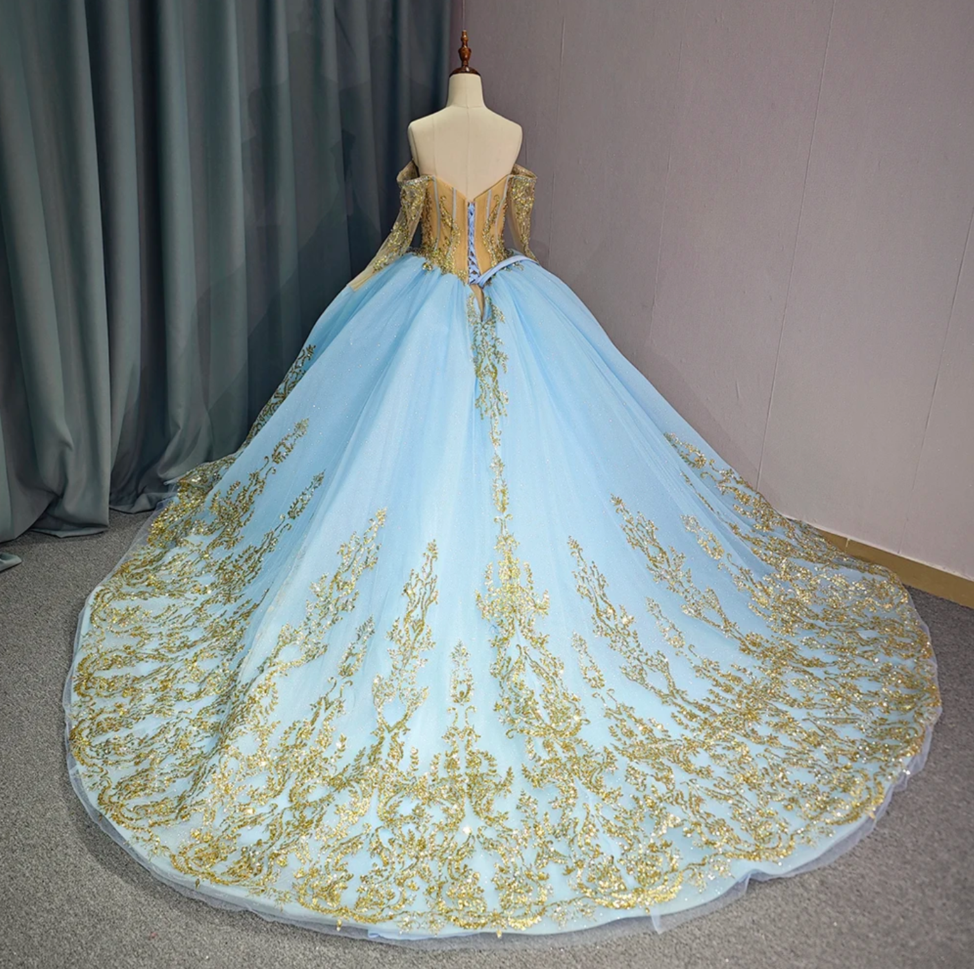 Quinceanera Dress Blue Organza Glitter Tulle Ball Gown With Train, Make your entrance to the event like royalty in this luxurious ball gown fit for a princess. F