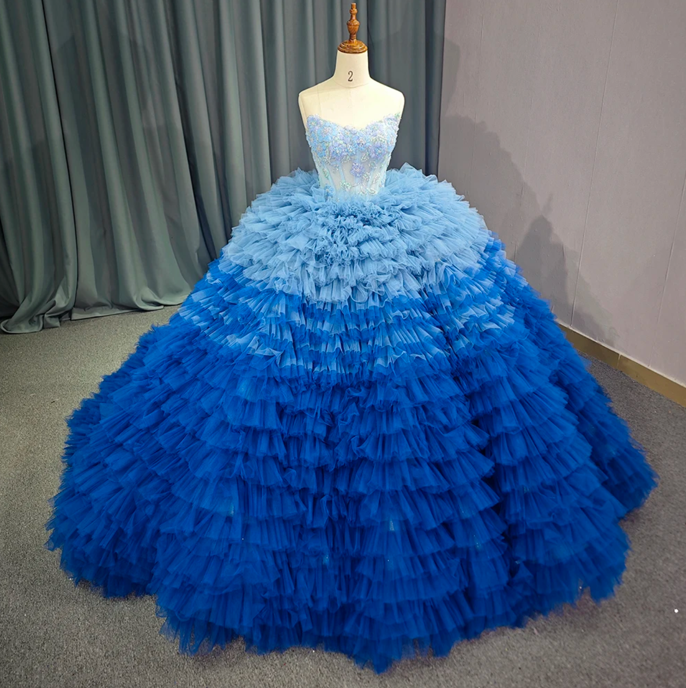 blue ombre quince dress Beaded Ombre Blue Ruffled Tulle Quinceaera Gown