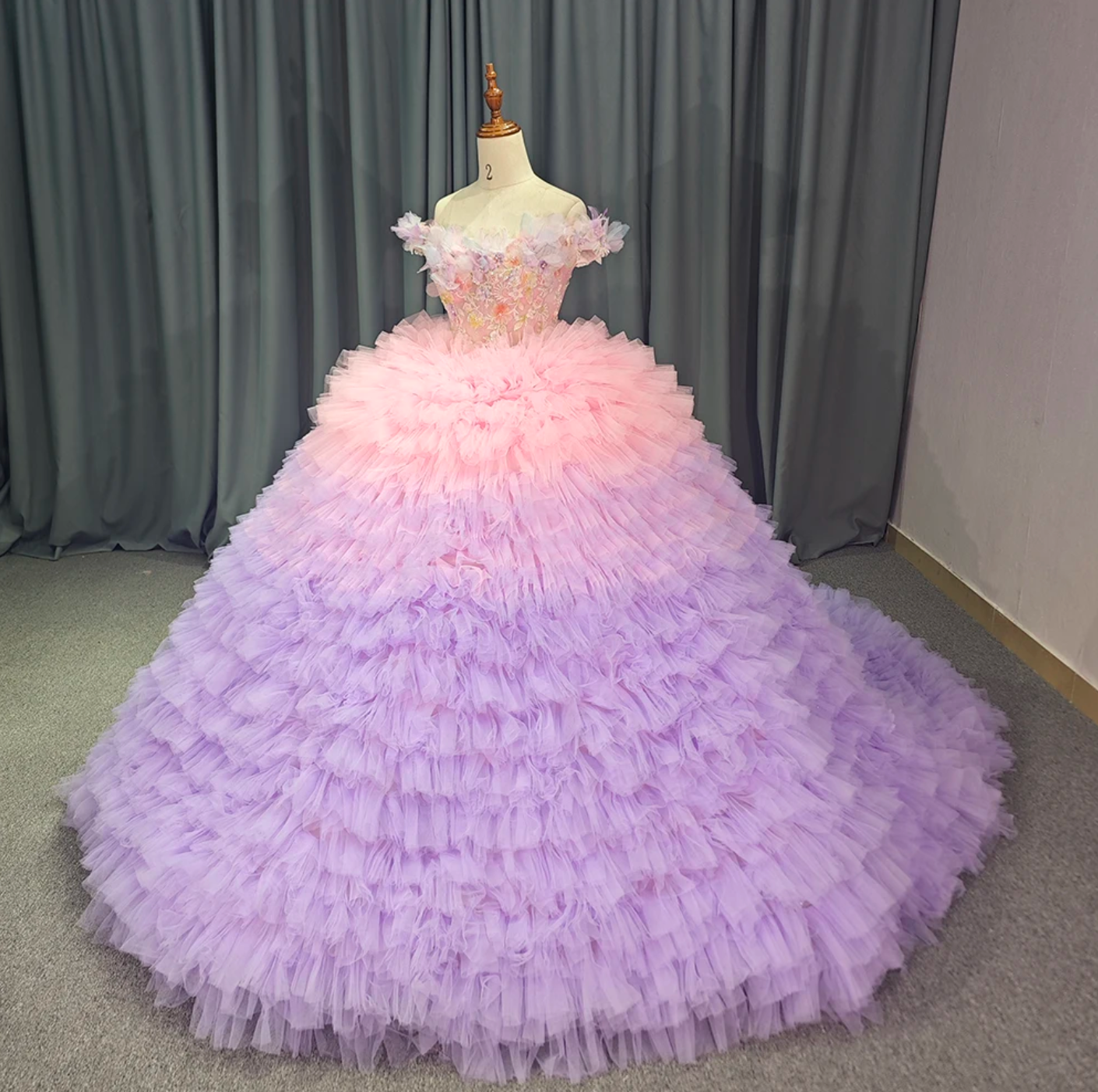 Quinceanera Dress Boat Neck Multi Color Ombre Ruffled Tulle Ball Gown, kIndulge in luxury with our Boat Neck Off Shoulder Corset Ball Gown Quinceanera Dress.