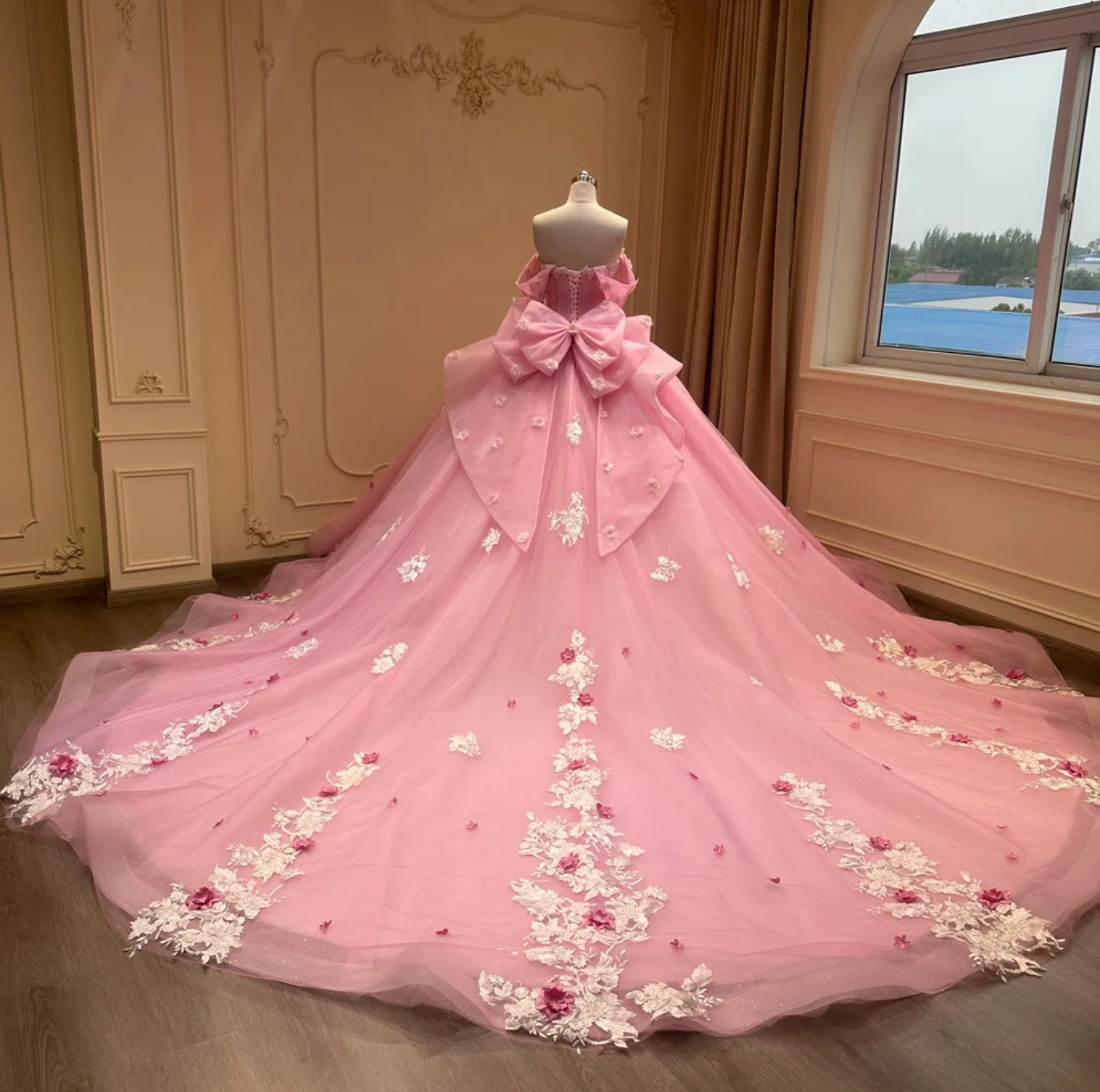 Quinceanera Dress Pink Floral Sweetheart Ball Gown, Designed for a princess, this exquisite ball gown features 3D lace, sparkling beading, and a corset style bodice 