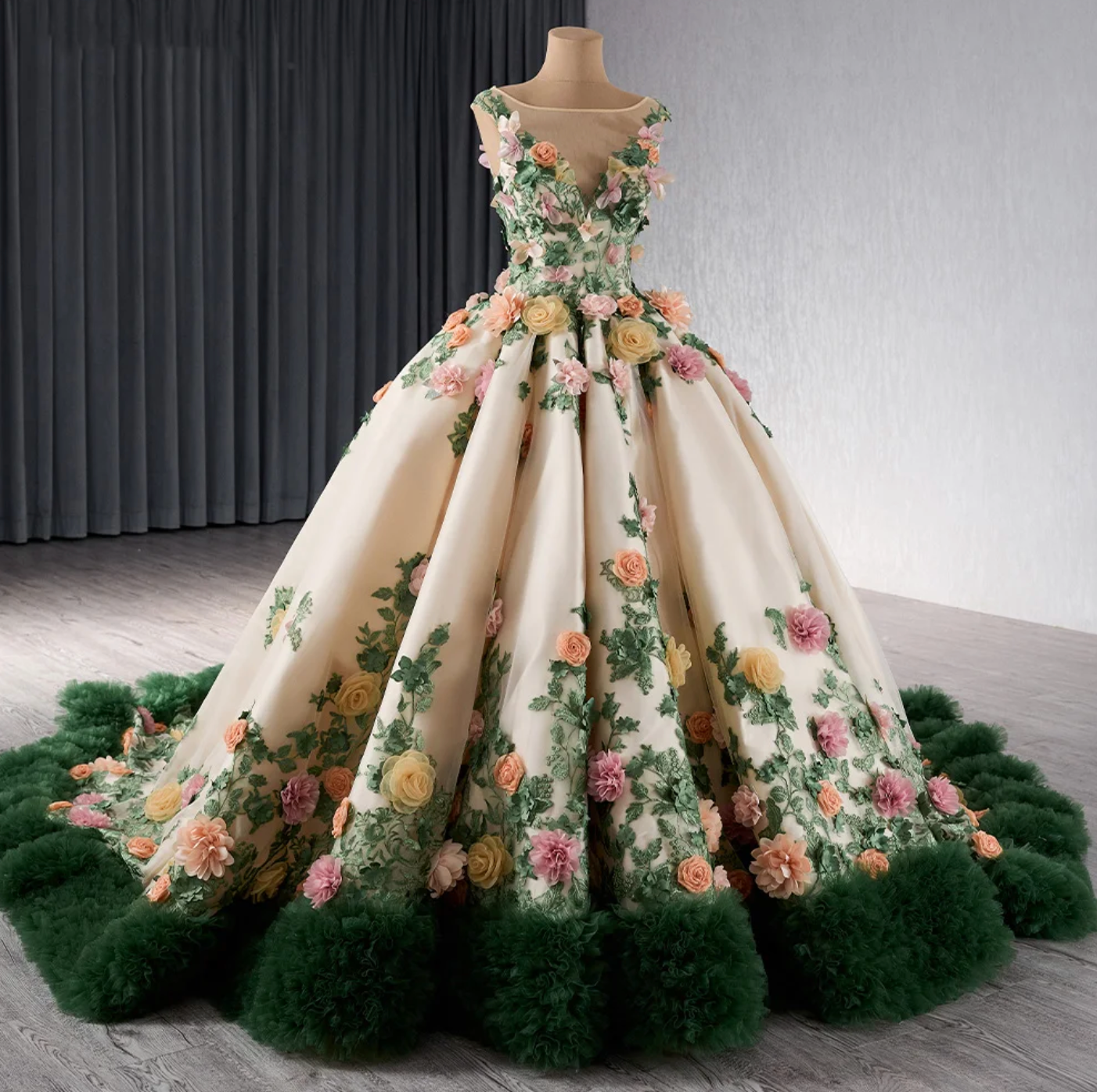 Quinceanera Dress Multi Color 3D Floral Lace Ball Gown, Indulge in this luxurious A-line Quinceañera dress, adorned with delicate 3D flowers and intricate lace 