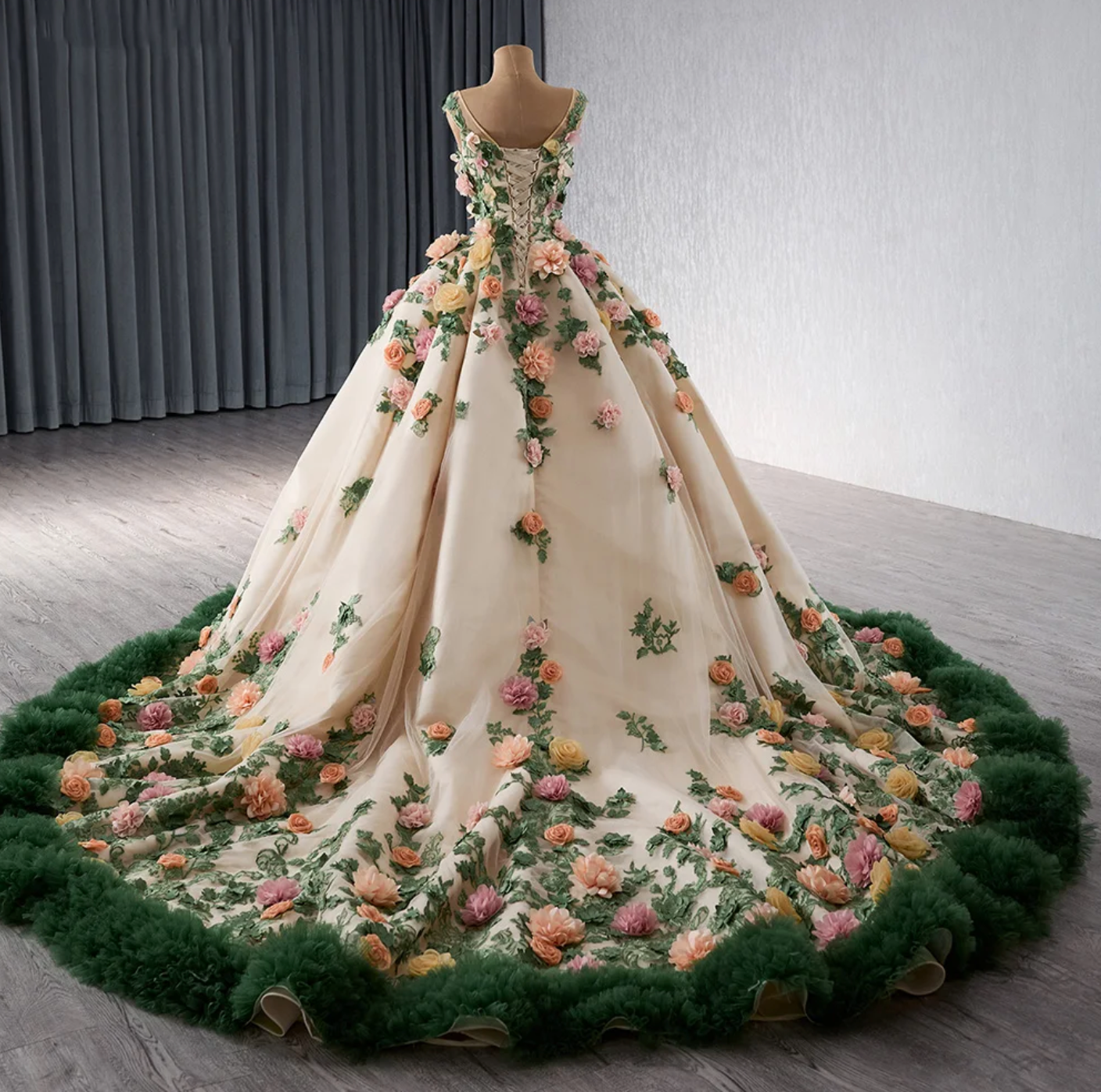 Quinceanera Dress Multi Color 3D Floral Lace Ball Gown, Indulge in this luxurious A-line Quinceañera dress, adorned with delicate 3D flowers and intricate lace 