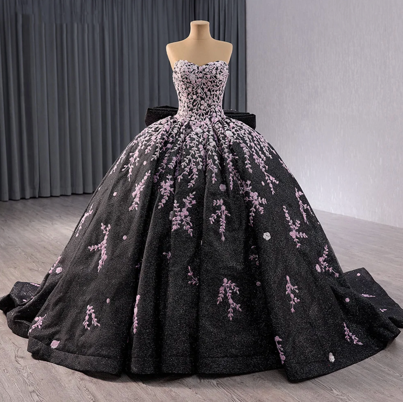 Quinceanera Dress Black Ball Gown Detachable Sleeve 