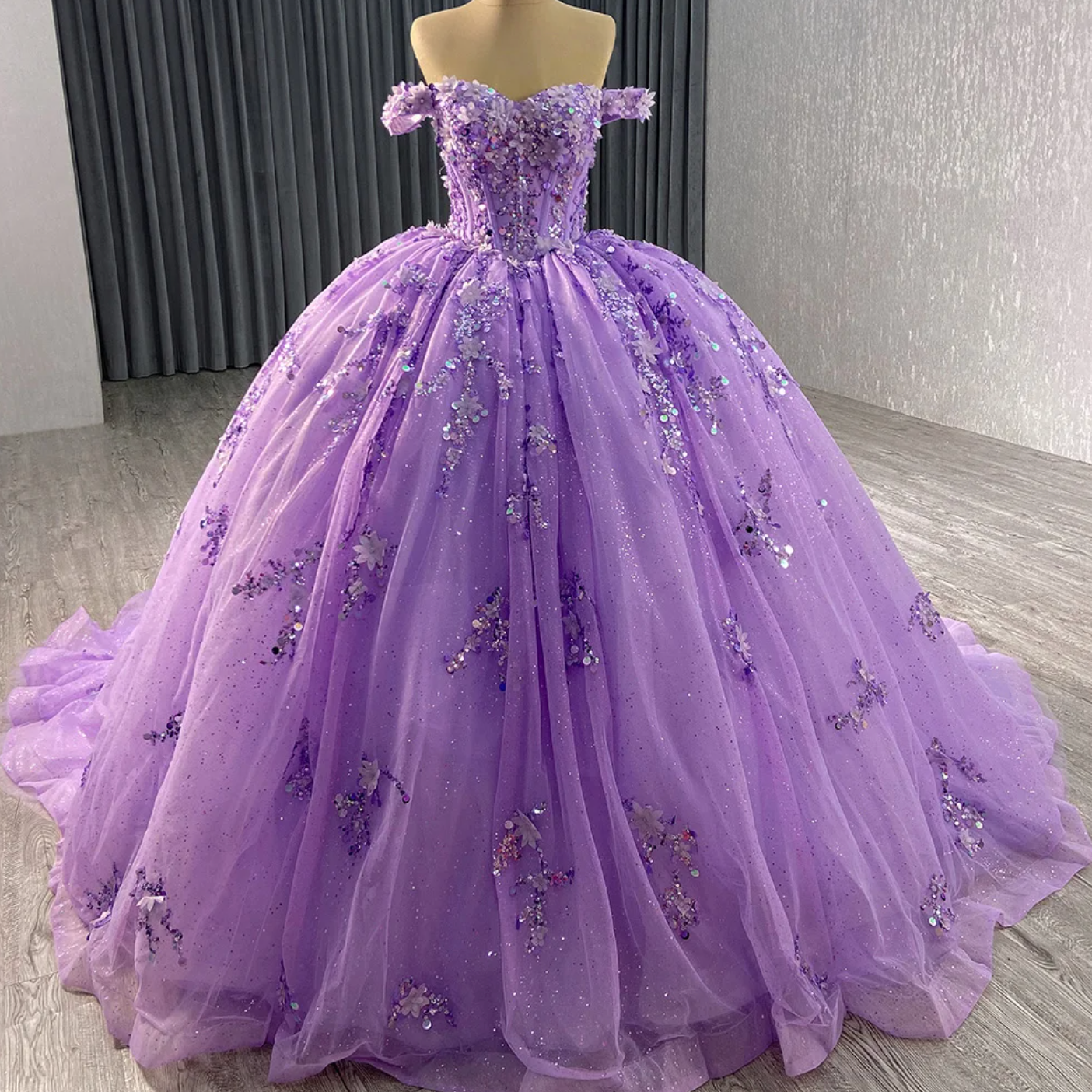 Sweetheart Purple Quinceañera Dress featuring sequined bodice and tulle skirt, perfect for a memorable celebration.