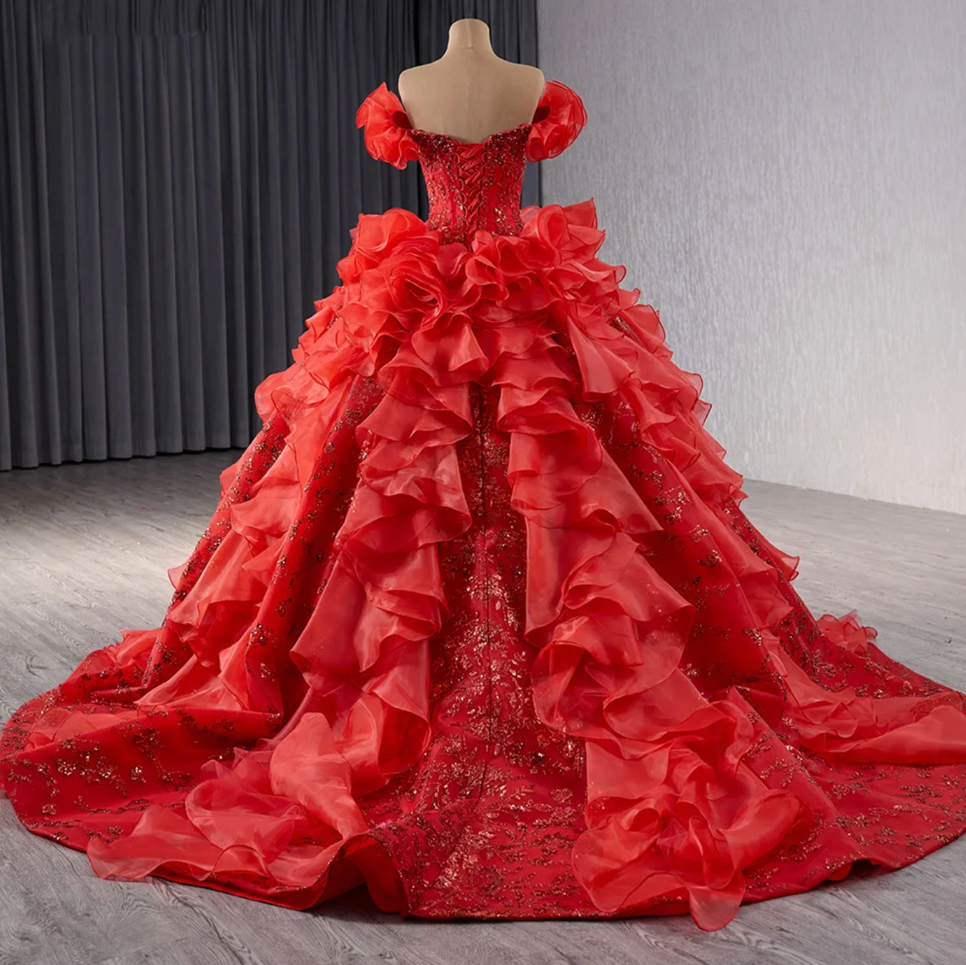 Quinceanera Dress Red With Puff Sleeves