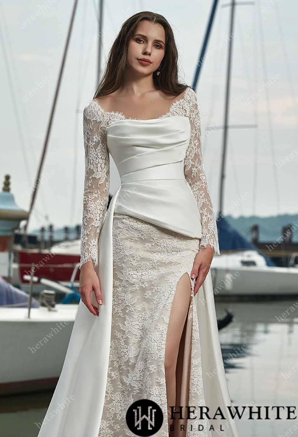 Bohemian satin cover and lace sheath wedding dress with elegant slit and vintage details, perfect for a stylish bride.