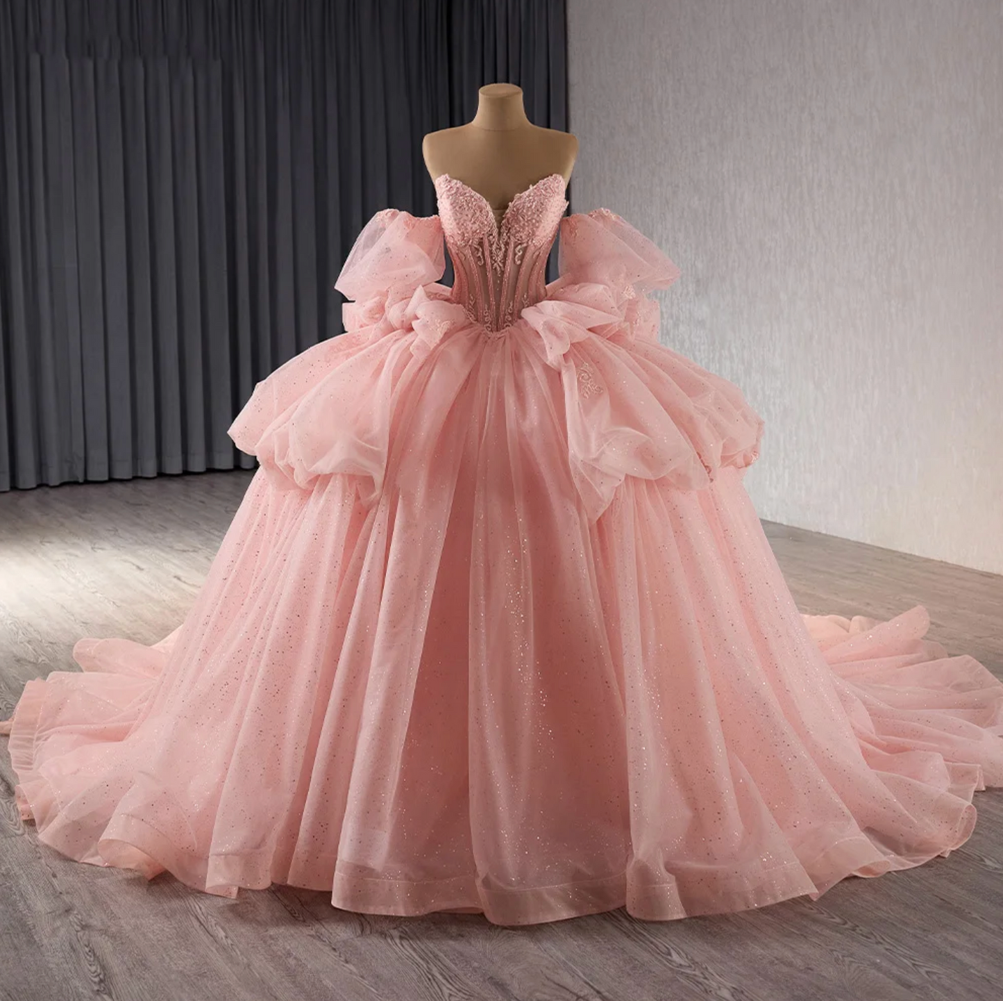 Quinceanera Dress Pink Beaded Glitter Tulle Ball Gown, A stunning beading glitter tulle ball gown featuring a beaded corset style bodice with a deep V front 