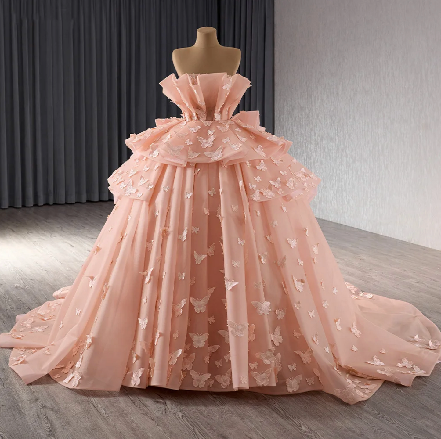 Pink Quinceanera Gown Ball Gown Strapless 3D Butterfly Dress, indulge in a fairytale dream with our Quinceanera Dress Ball Gown! Waves of fabric peplum, gathered skirt, and train 