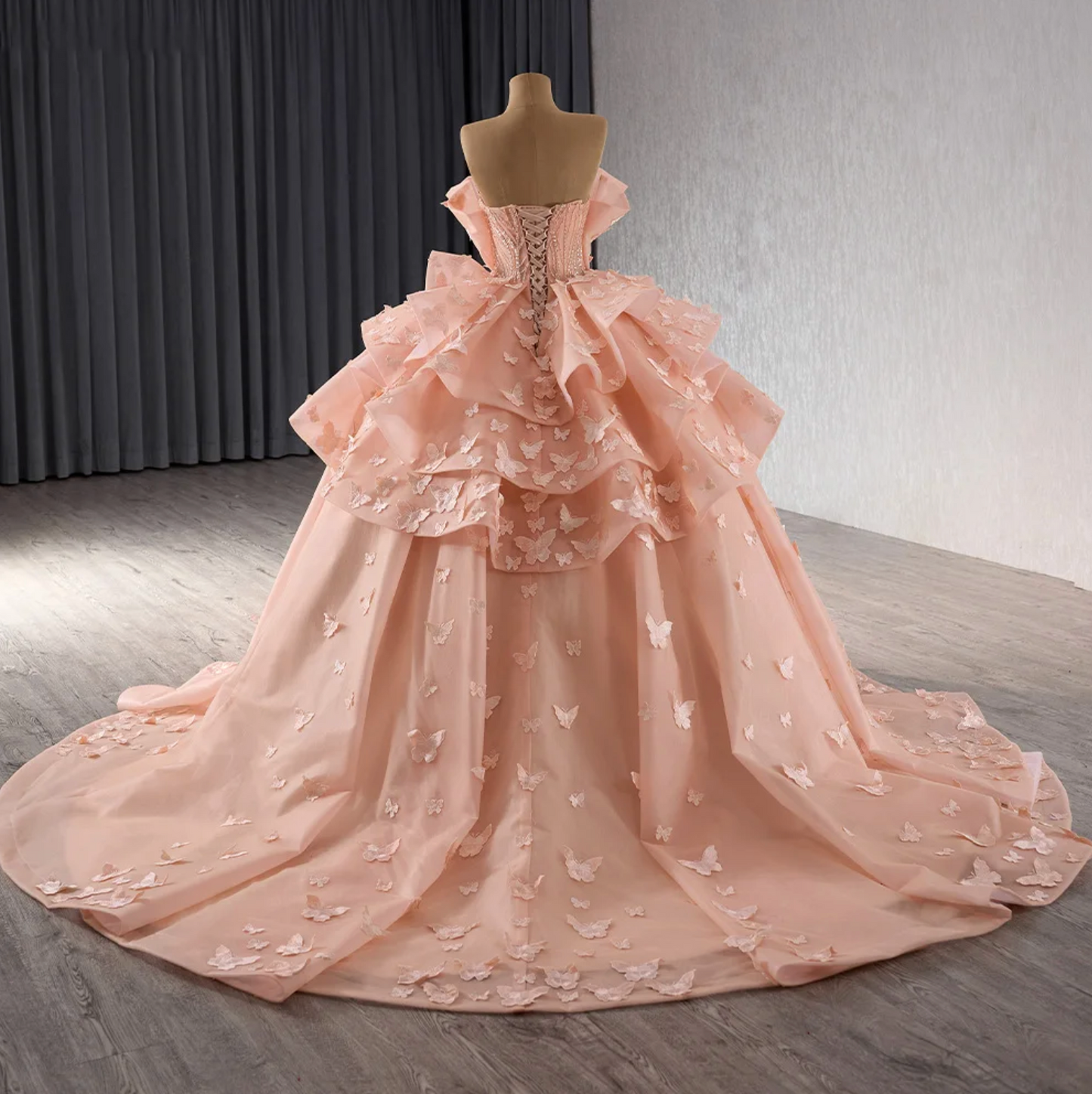 Pink Quinceanera Gown Ball Gown Strapless 3D Butterfly Dress, indulge in a fairytale dream with our Quinceanera Dress Ball Gown! Waves of fabric peplum, gathered skirt, and train 