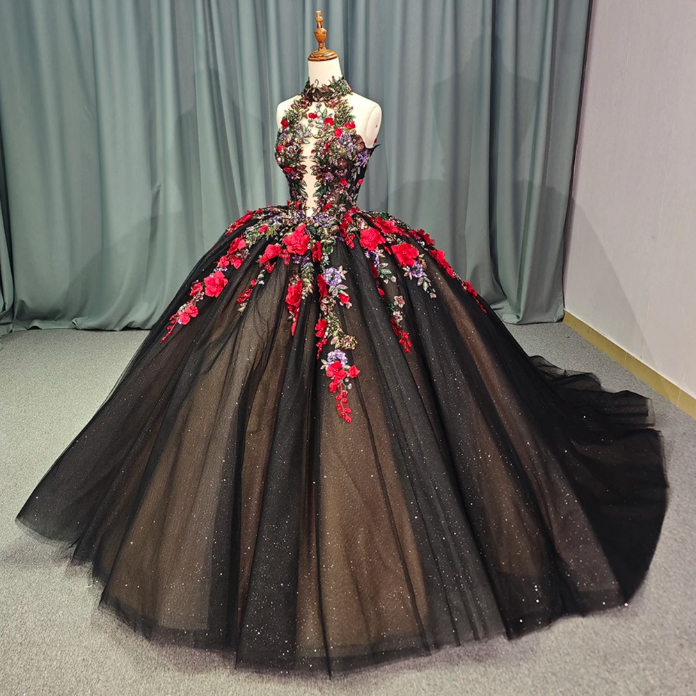 black quince dress with flowers Crystal Beaded three-Dimensional Floral Lace Quinceanera Dress
