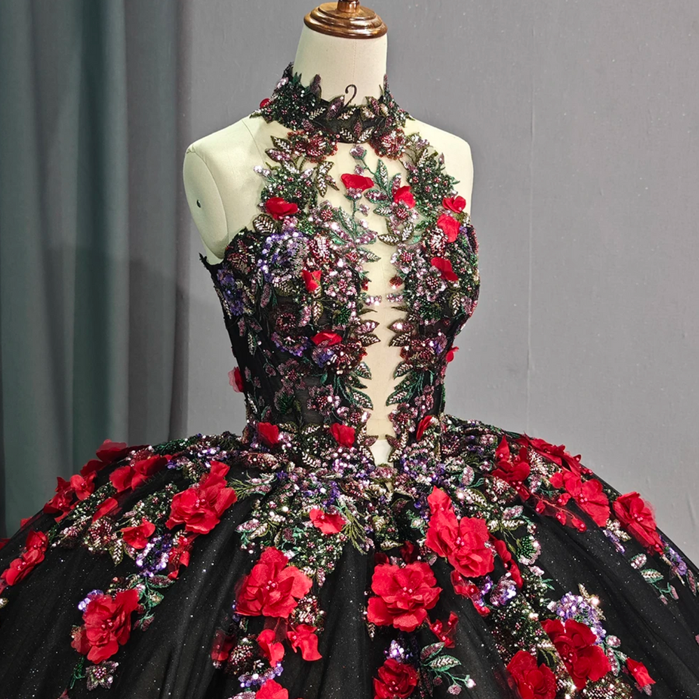 black floral quinceanera dresses Quinceanera Dress Black Floral Sleeveless Ball Gown Same As Photo / 14