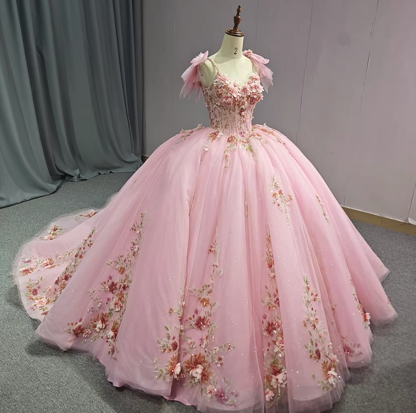 Quinceanera Dress Pink Beaded Floral Ball Gown, Step into a fairytale with our Romantic Pink Quinceanera Dress! This elegant ball gown features a flattering empire princess waist,