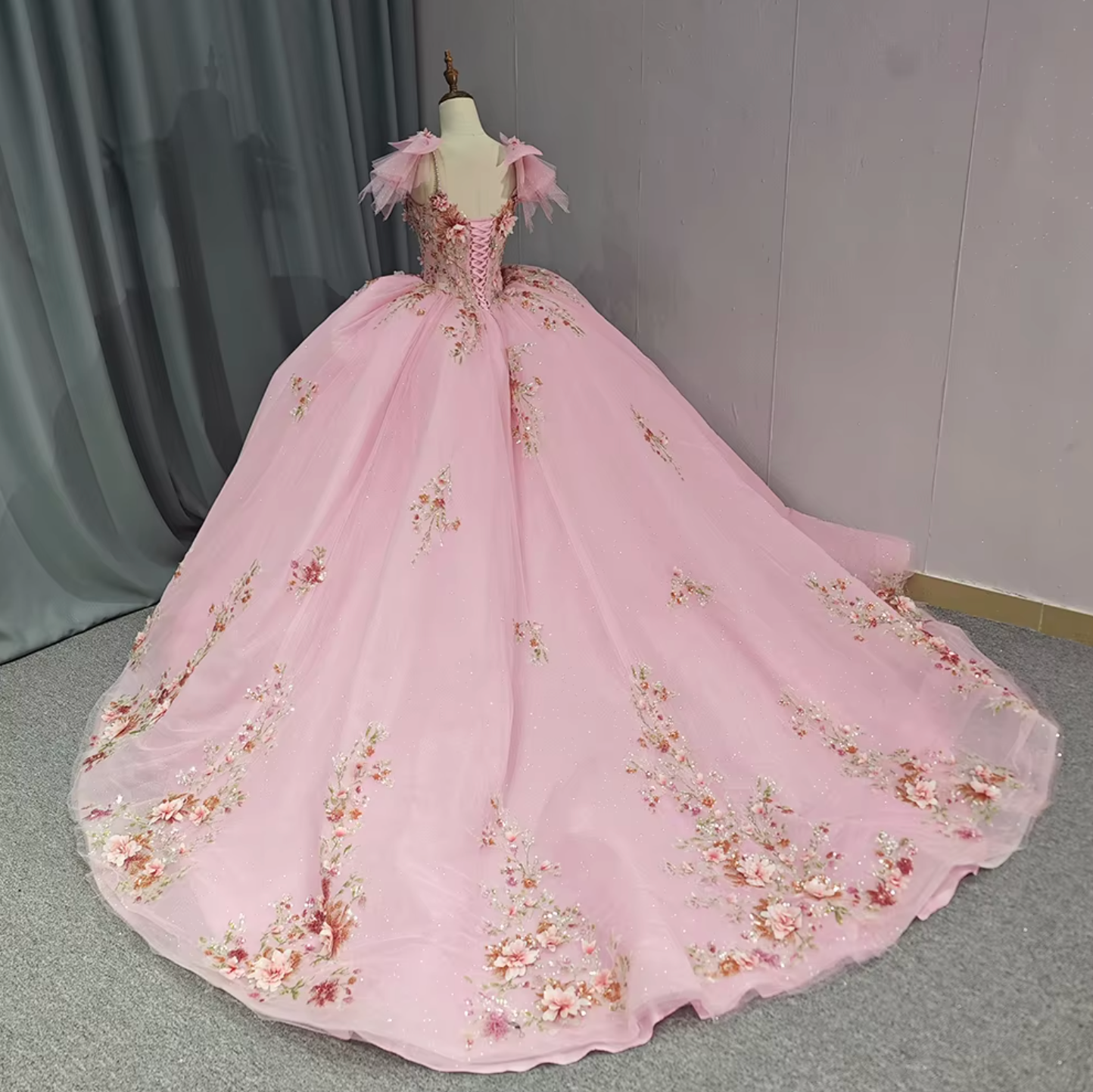 Quinceanera Dress Pink Beaded Floral Ball Gown, Step into a fairytale with our Romantic Pink Quinceanera Dress! This elegant ball gown features a flattering empire princess waist,