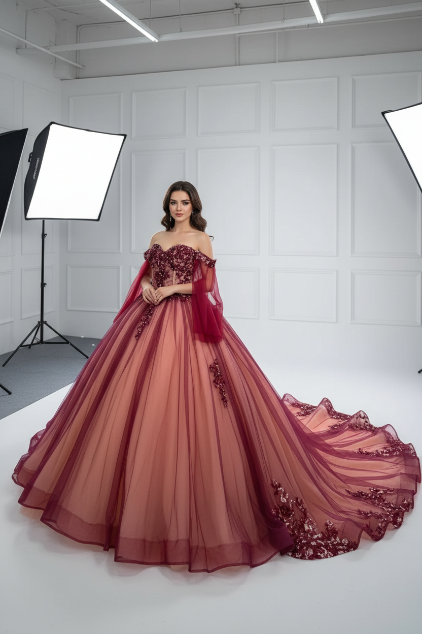 Quinceanera Dress Red Chiffon Ball Gown With Train Same As Photo / 10