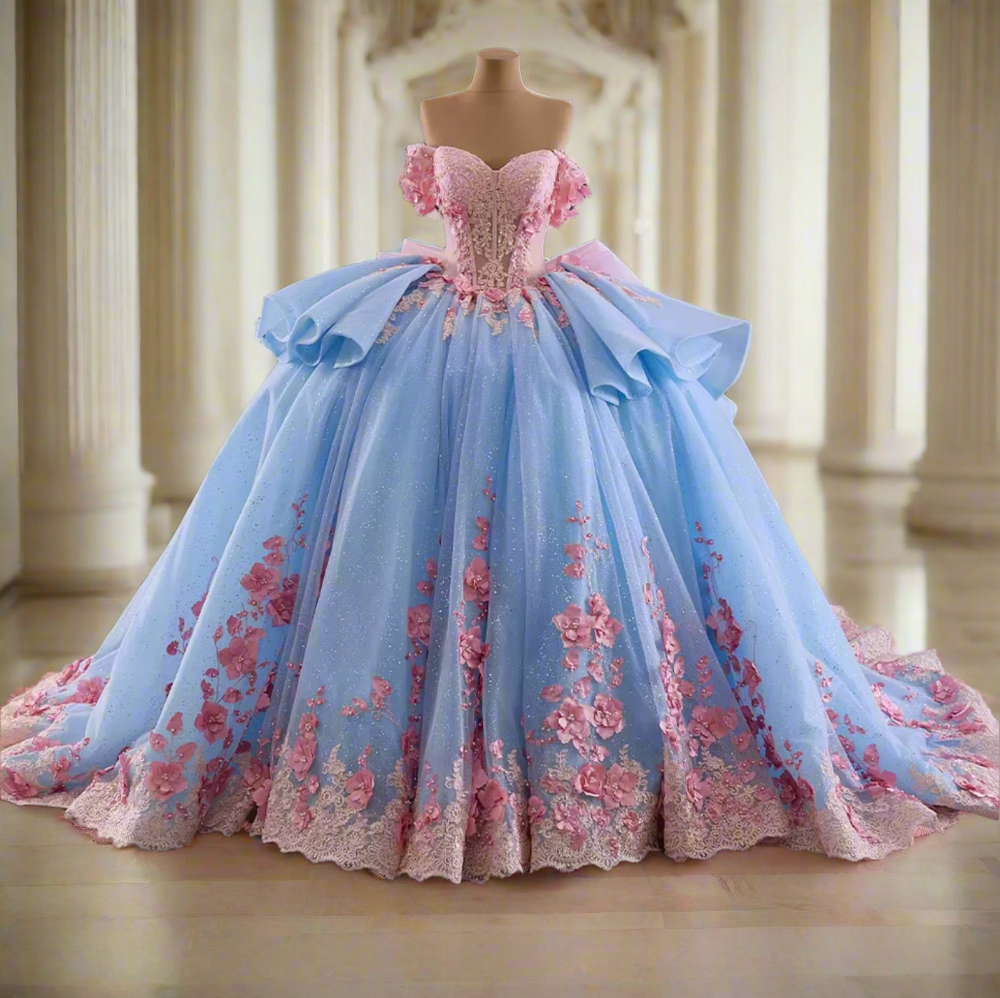 prom dresses pink and blue dress with Straps Blue Floral Corset A-line Ruffle Dress Dressesforparty Zipper back or Lace up back Quinceanera Dress Pink Blue Beaded